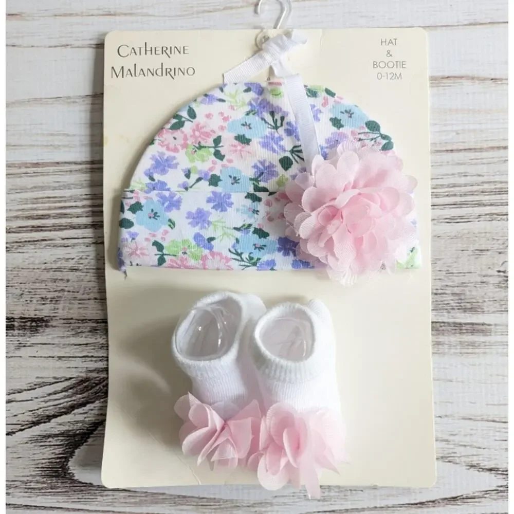 Catherine Malandrino Floral Hat and Bootie set 0-12M New